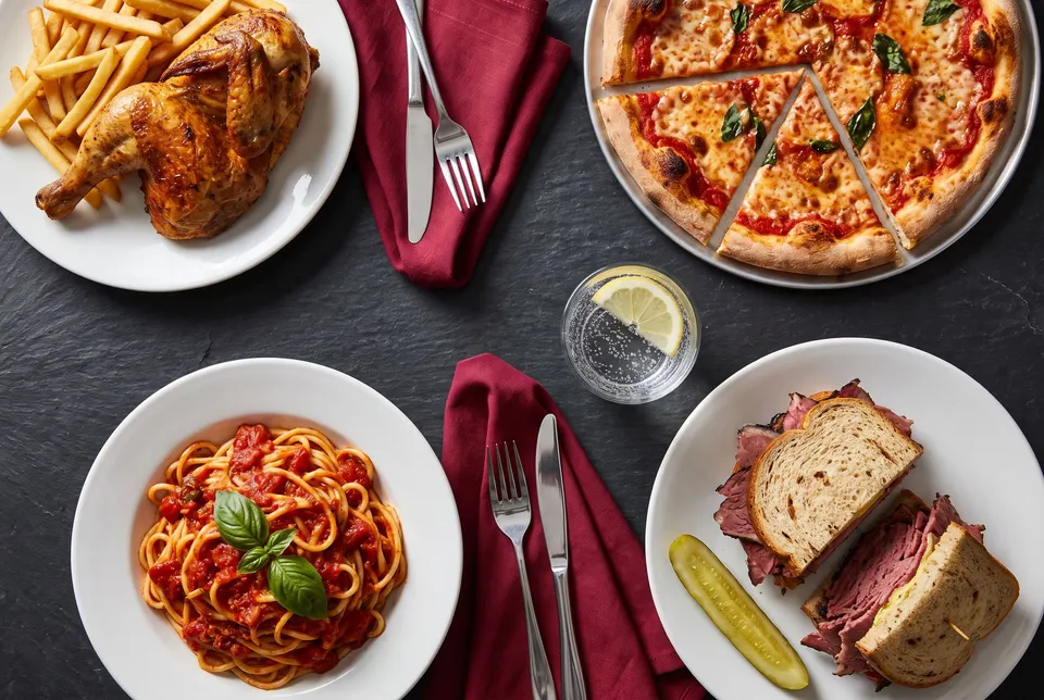 Vue de haut d’un souper de bistro sur une table d’ardoise : poulet rôti et frites, pizza, pâtes à la sauce tomate, sandwich au smoked meat, serviettes rouges.