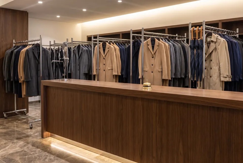 Un comptoir de vestiaire en noyer devant des rangées de manteaux de laine sur des cintres et quelques parapluies, sous un éclairage chaud.
